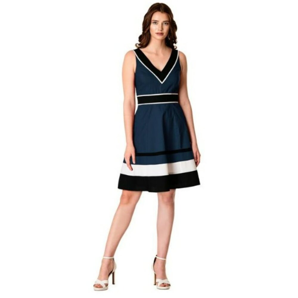 eShakti Zapelle Navy Black White Striped Poplin Midi Dress Sz S